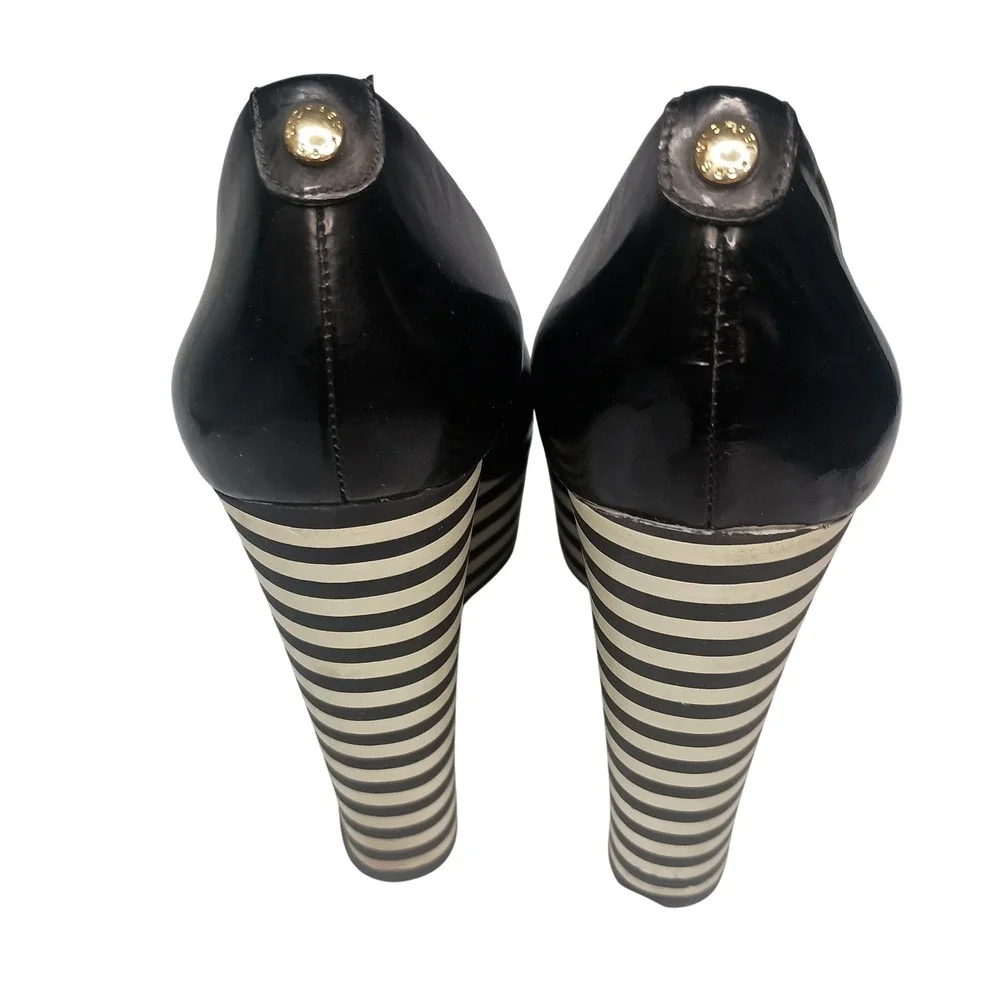 Michael Kors Adalia Peep Black Patent Leather Stripe Detail Wedge Heels SKUW669 - Picture 4 of 7